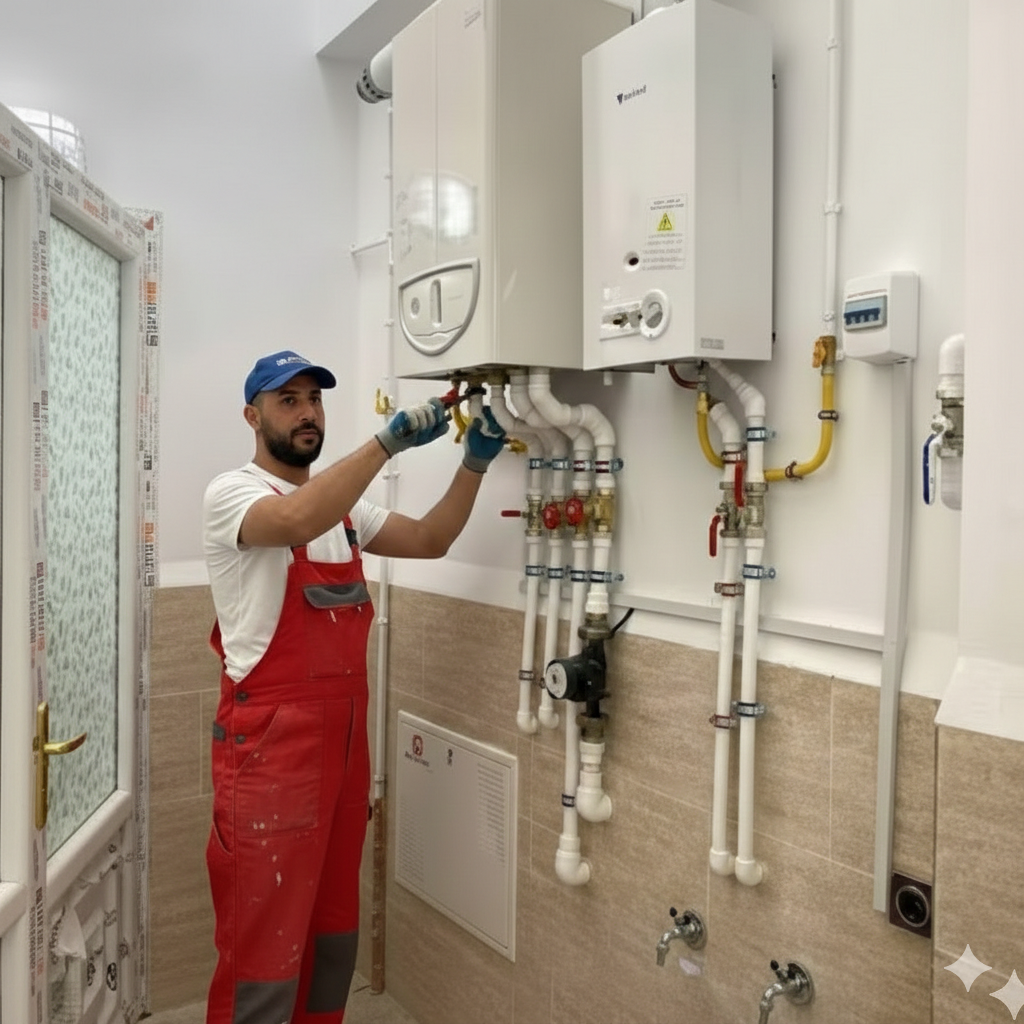 Chauffagiste en train d'installer des chaudières à gaz avec leurs canalisations à Noisy-le-Grand