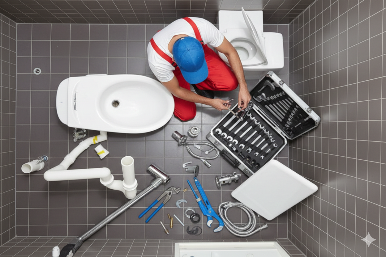 Plombier en train de poser des sanitaires avec ses outils dans une salle de bain à Noisy-le-Grand