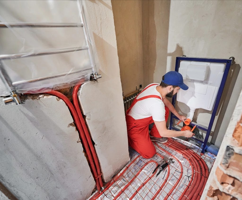 Plombier chauffagiste en train d'installer un plancher chauffant et un bâti-support de WC suspendu à Noisy-le-Grand