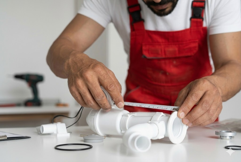 Plombier en train de mesurer des raccords de canalisation PVC à Noisy-le-Grand