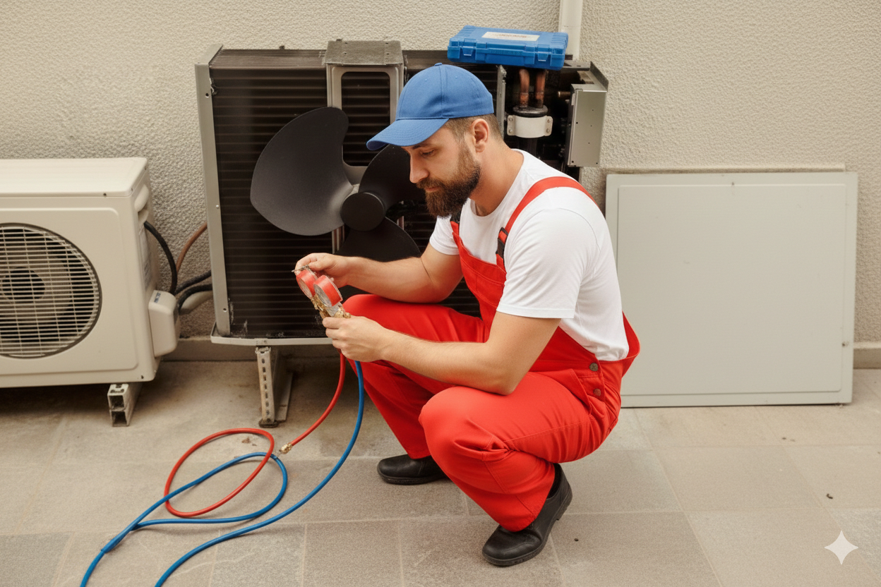 Technicien en train de faire la maintenance d'une unité de climatisation
