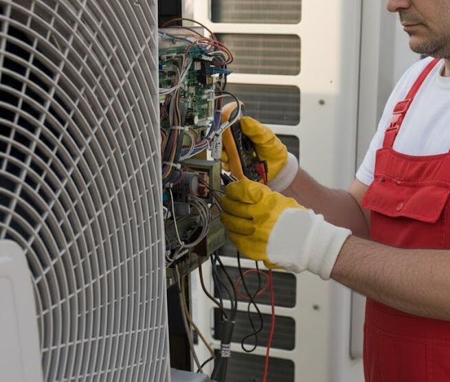 Technicien en train de faire la maintenance d'une unité de climatisation extérieure